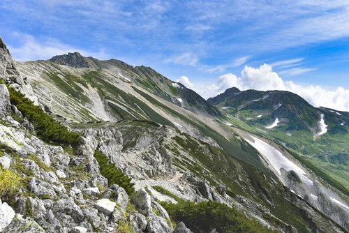 別山方面から見る立山雄山と浄土山の連峰、雲海と青空の山岳風景