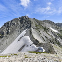 別山方面から見る立山雄山方面の稜線と登山道の写真