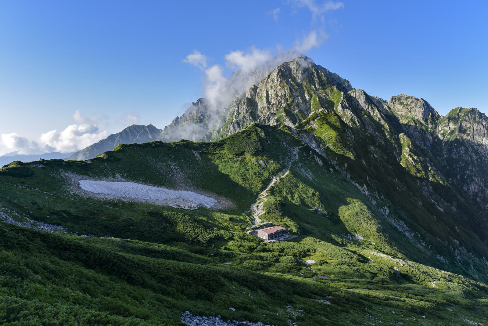 緑の斜面に建つ山荘と背後にそびえる剱岳の風景