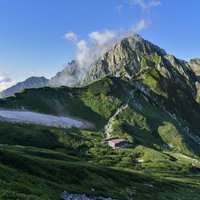 剱岳の麓に建つ山荘と険しくそびえる剱岳の眺め（立山）の写真