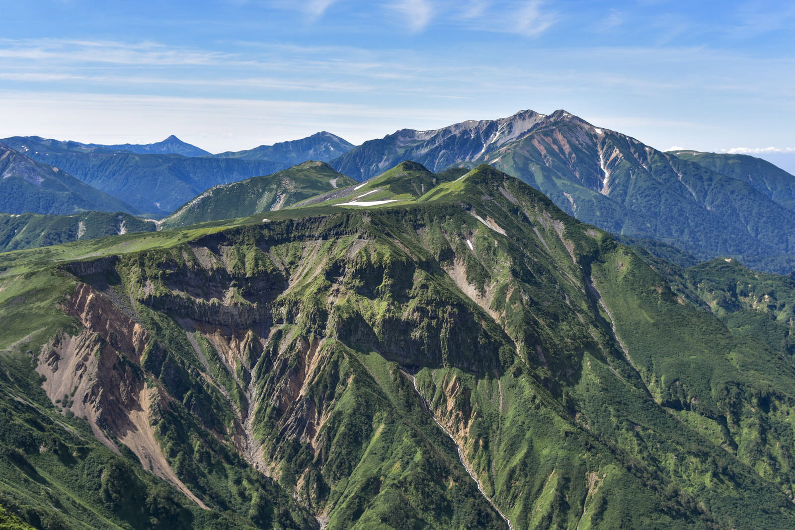 浄土山から眺める五色ヶ原と薬師岳の緑豊かな山岳風景