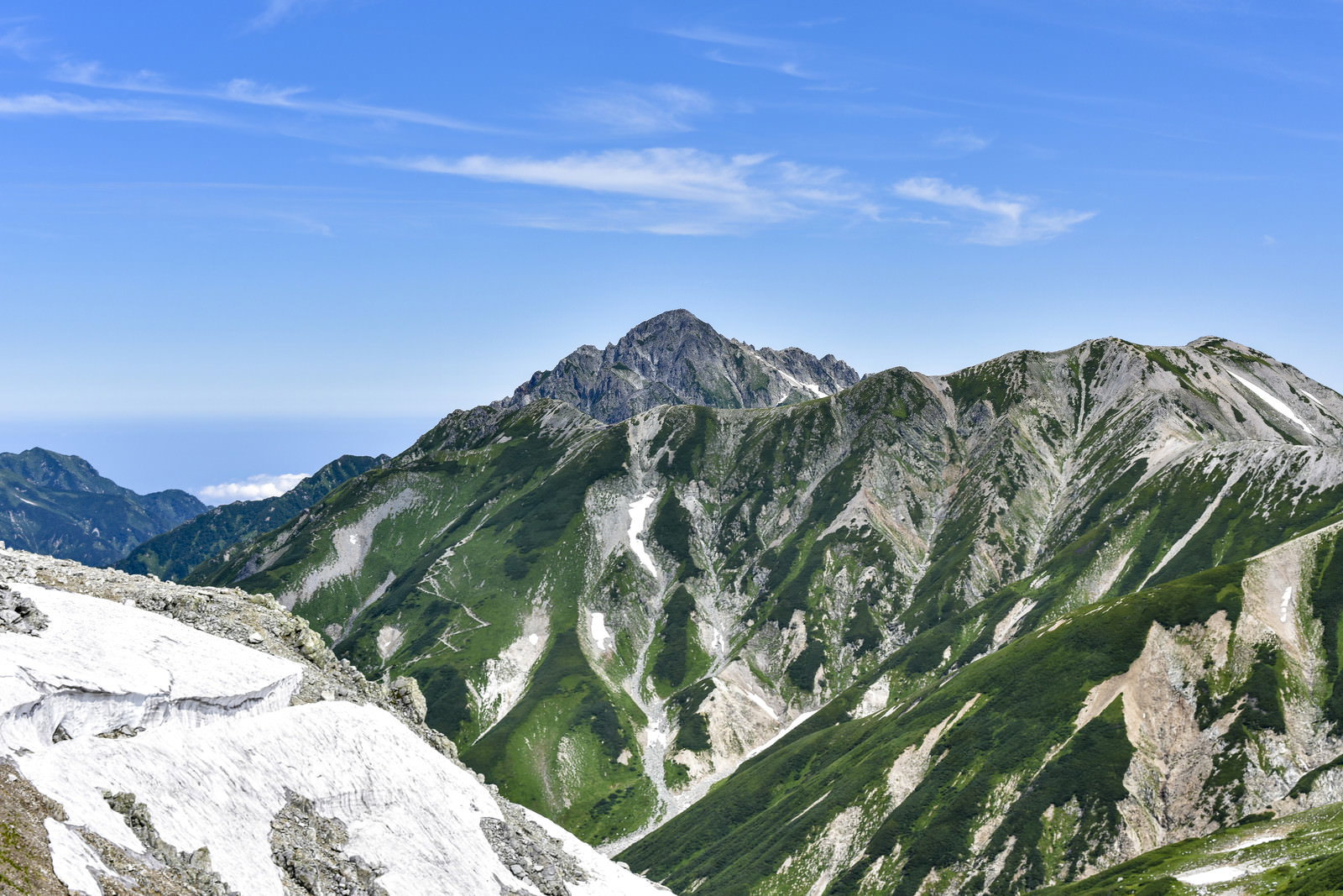 浄土山から撮影した剱岳の雄大な山容と雲海が広がる立山連峰の風景