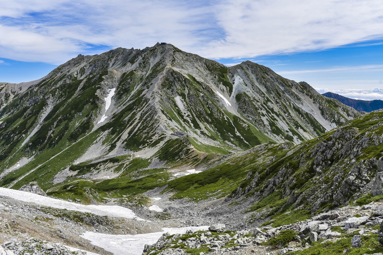 浄土山から望む立山雄山の雄大な山容と青空が広がる山岳風景