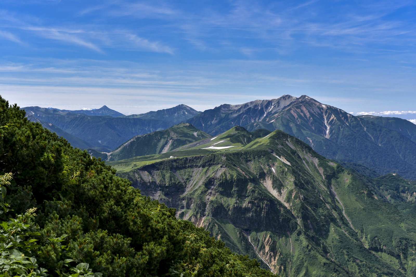 浄土山登山道から見下ろす緑豊かな五色ヶ原の山岳風景