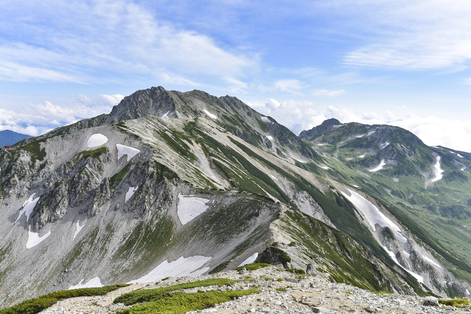 青空の下に連なる立山大汝山方面の雄大な山稜線