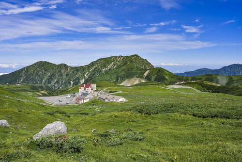 立山室堂の高原に立つホテルと奥大日岳方面の風景