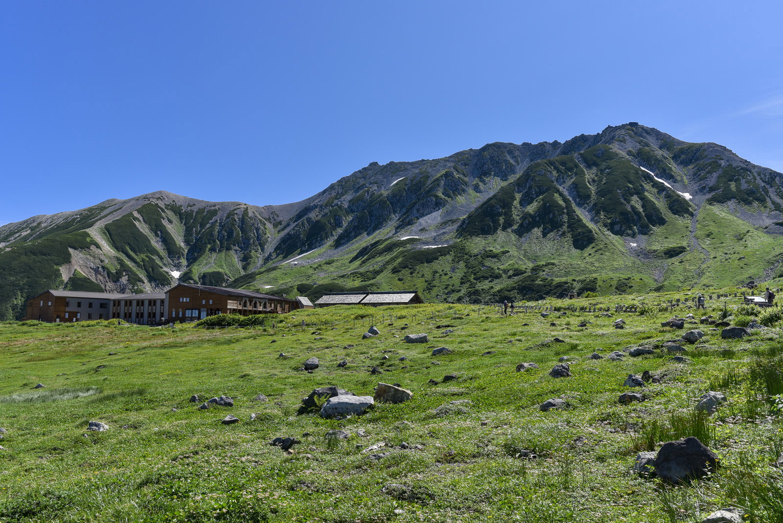 立山室堂の緑の高原に建つ山荘と背景の雄山