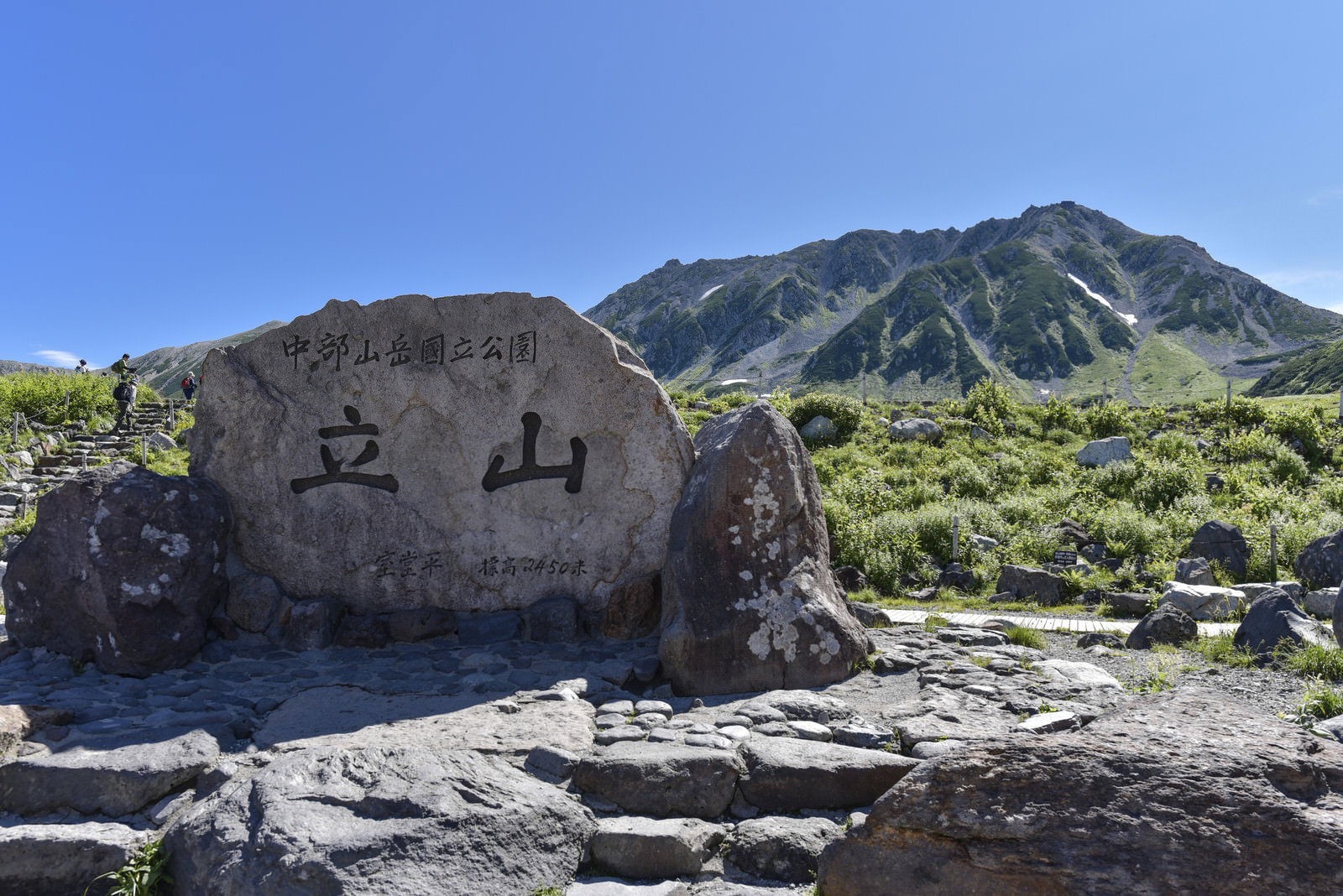 立山室堂の立山と刻まれた石碑と背後の雄山の風景