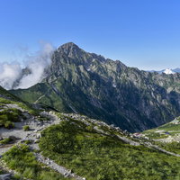 青空に聳える険しい山肌の剱岳と北アルプスの山々の写真