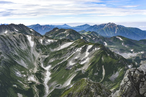 剱岳の山頂から見る別山方面と薬師岳の北アルプス