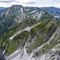 剱岳別山尾根の岩稜と別山方面の山々、北アルプスの登山風景の写真