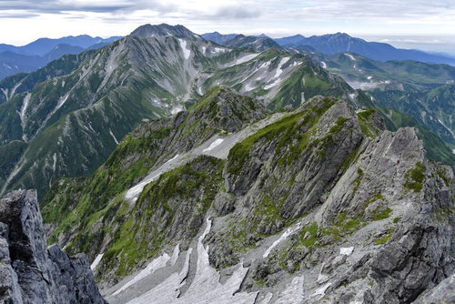 剱岳別山尾根の岩稜と別山方面の山々、北アルプスの登山風景