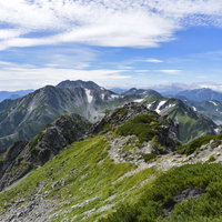 岩肌登りから解放され緩やかな道を下る登山者（剱岳）の写真