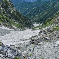 足を滑らせたら止まりそうもない急峻な斜面と岩場（剱岳）の写真