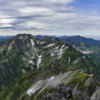 雲と青空がせめぎ合う立山別山方面の剱岳連峰の写真