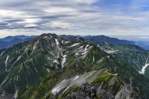 雲と青空がせめぎ合う立山別山方面の剱岳連峰