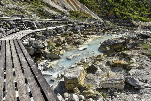 安達太良山の湯ノ花採取場に敷かれた木道と硫黄の岩場
