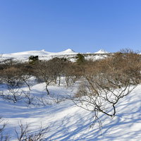 安達太良山登山口付近から見る雪に覆われた山頂方面の写真