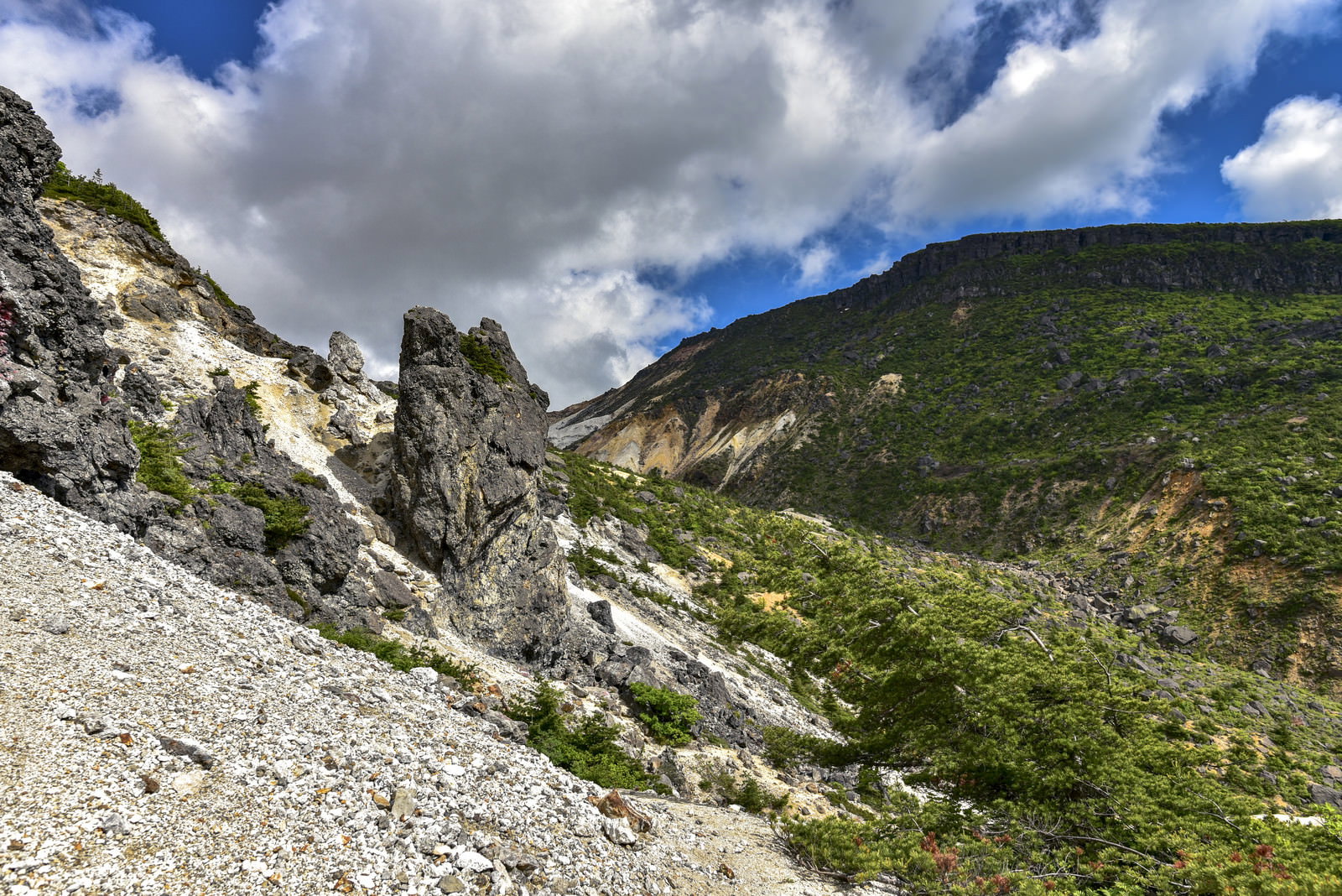 安達太良山の白い砂礫斜面を下る登山者と緑の山並み、青空