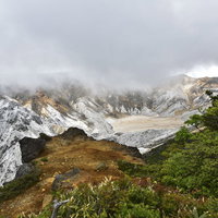 雲に覆われた沼ノ平の火口、安達太良山の活火山地形の写真
