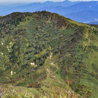 苗場山の稜線から望む神楽ヶ峰方面の山々と登山道の写真