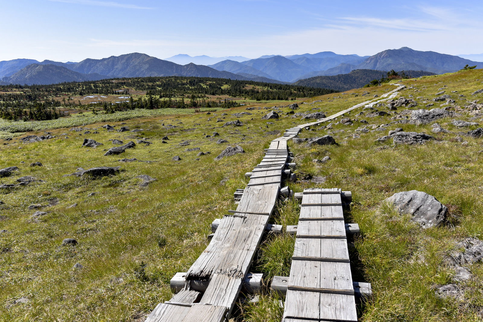 苗場山の高原に延びる木道と遠くの山並みを写した風景