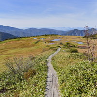 苗場山の坪平方面、木道が延びる湿原と山々の稜線の写真