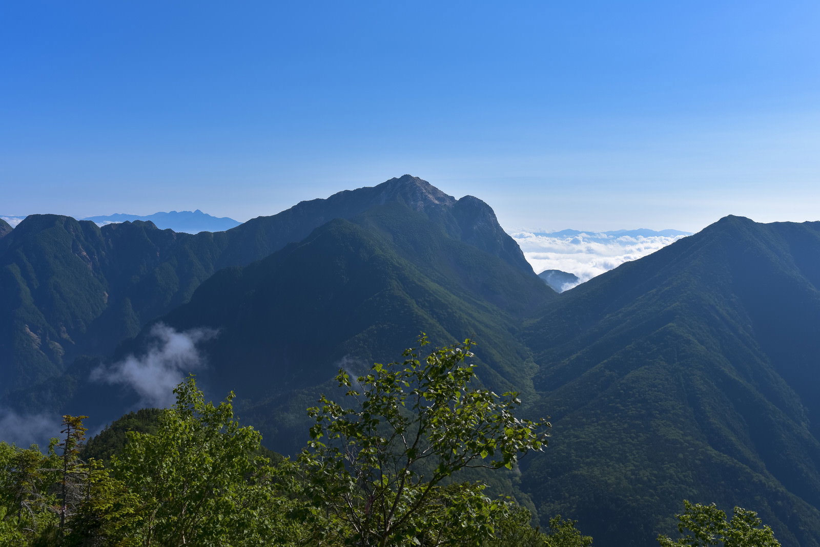 仙丈ヶ岳から見た甲斐駒ヶ岳の山岳風景、青空と雲海が広がる南アルプスの眺望