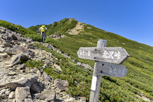 仙丈ヶ岳へと導く白い指導標と登山道を示す看板