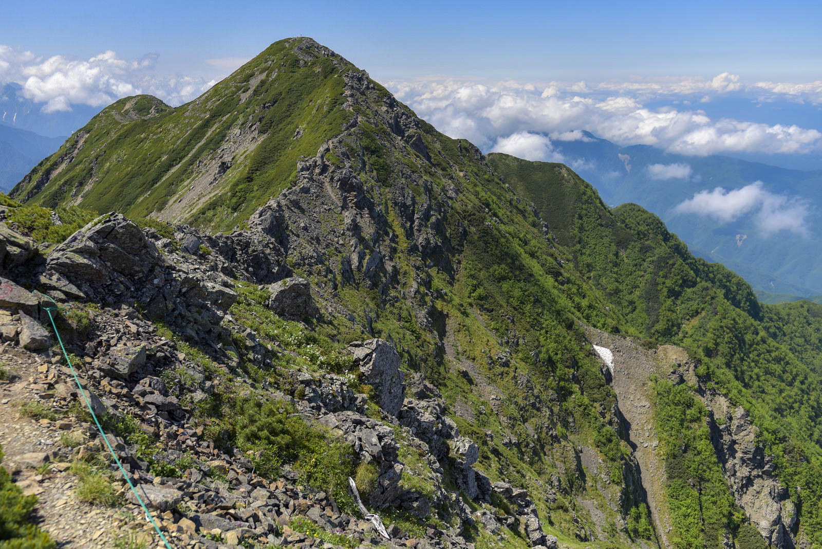 仙丈ヶ岳から大仙丈ヶ岳へと続く緑の稜線と雲海の山岳風景