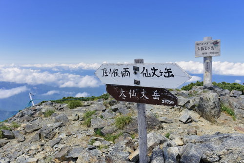 大仙丈岳山頂の道標と雲海
