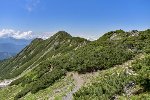 仙丈ヶ岳から大仙丈岳方面へと続く登山道と南アルプスの稜線
