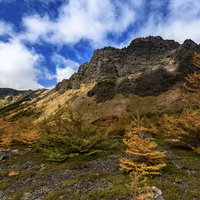 秋の紅葉に彩られた浅間山の黒斑山絶壁の登山風景の写真