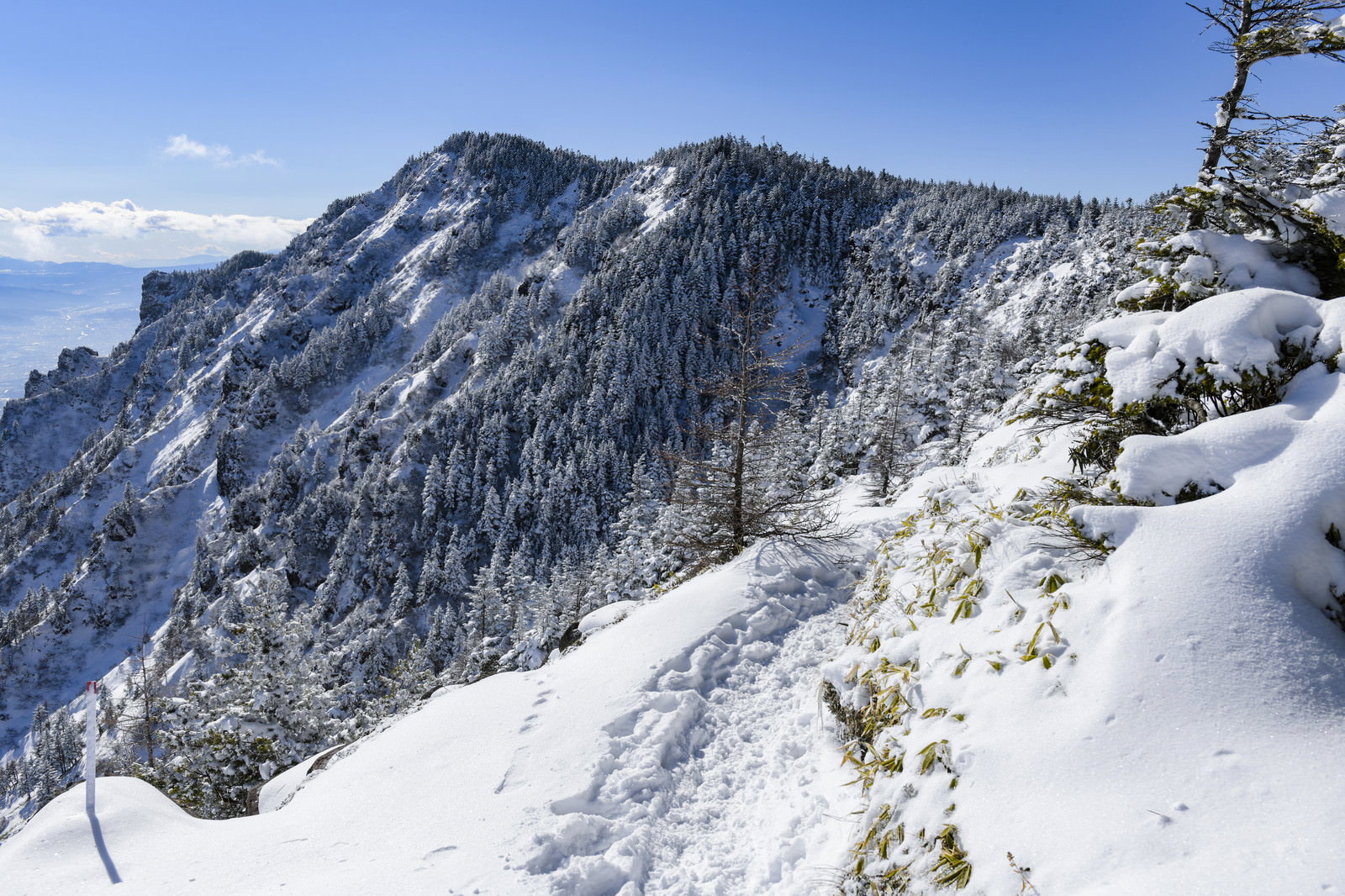 雪化粧した黒斑山を望む蛇骨山への稜線登山道