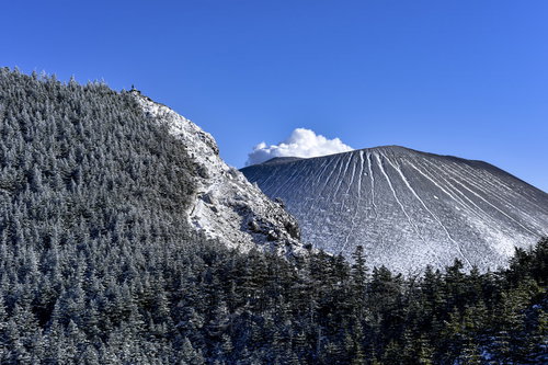 雪化粧した黒斑山へ続く稜線と浅間山の遠景