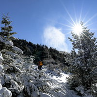 黒斑山を登る登山者たちと雪化粧の針葉樹に差し込む光芒の写真
