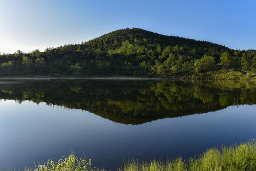 弓池に映る逢ノ嶺、日本百名山・草津白根山の水鏡