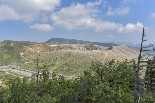 本白根山から見た草津白根山の湯釜方面と火口湖の眺望