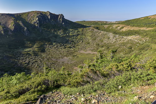 本白根山火口の景色と山々が広がる草津白根山