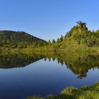 湖面に鮮明に反射する草津白根山の弓池の景色の写真