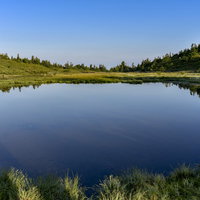 青空と緑が映り込む鏡のような湖面の弓池（草津白根山）の写真