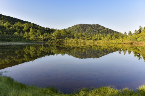 鏡面反射が鮮やかな弓池の朝（草津白根山）