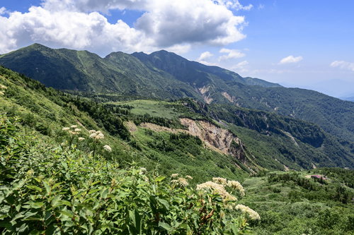 盛夏の白山登山道から見える別山の山岳風景