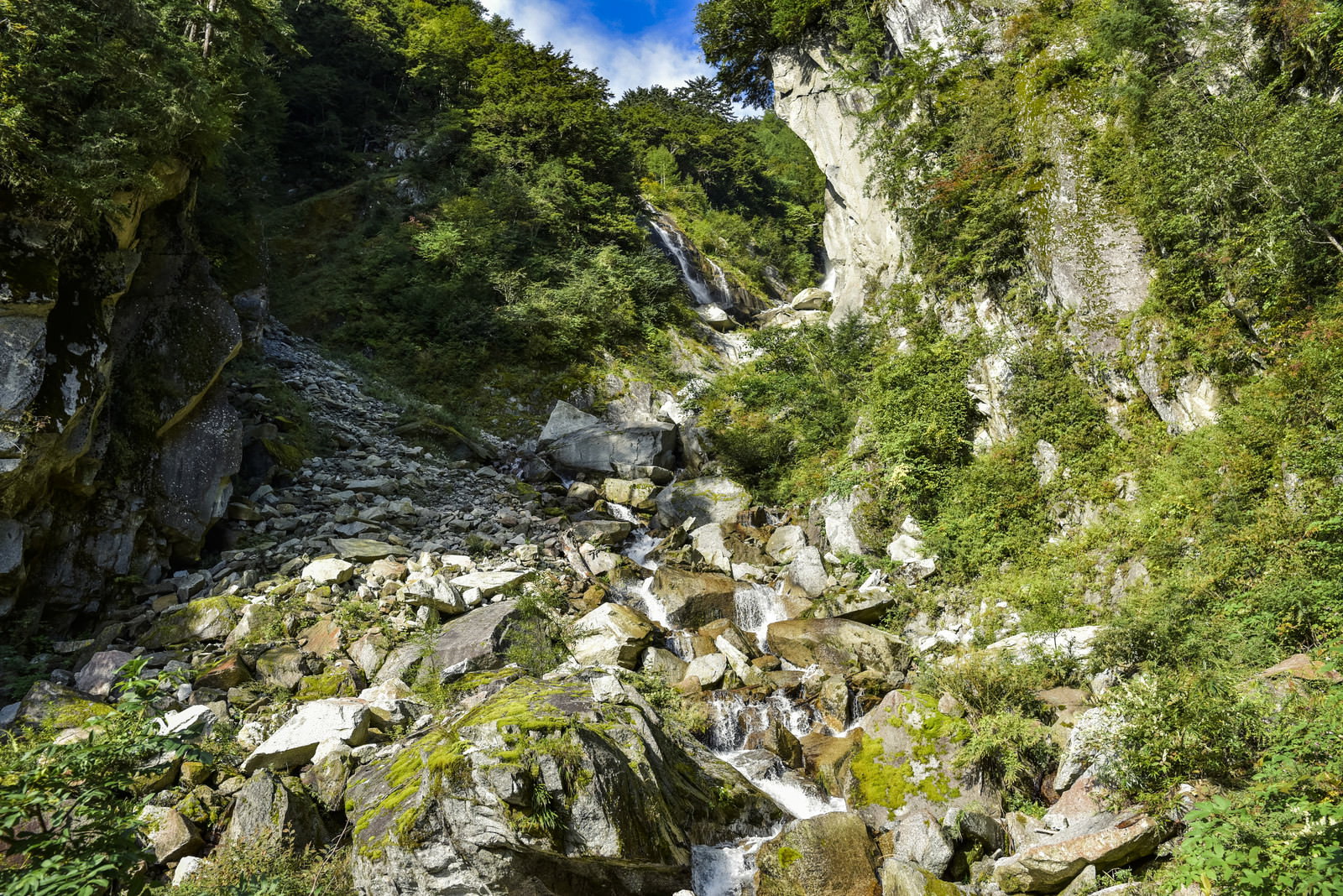 鳳凰三山の谷筋、岩場が点在する急峻な地形と緑豊かな植生