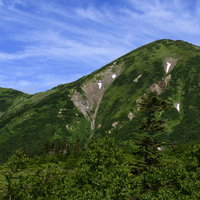 晴天の空の下、緑豊かな火打山山頂方面の稜線の写真