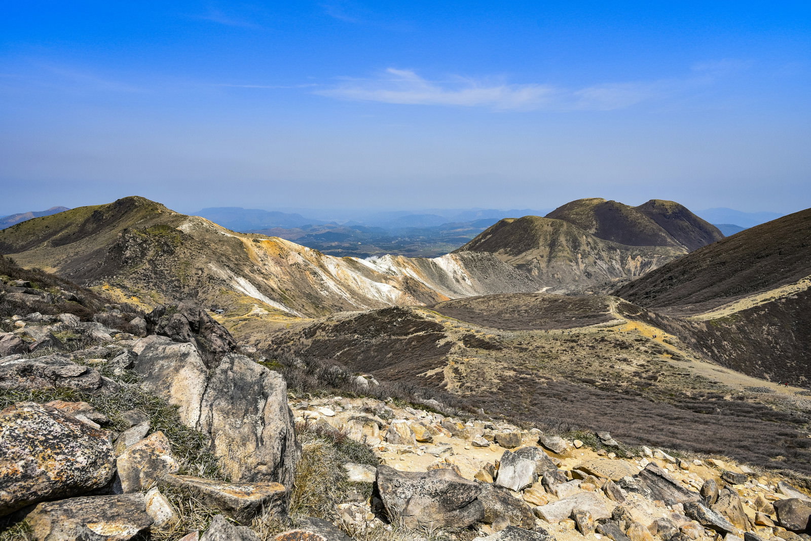 青空の下に広がる久住山と三俣山の荒涼とした火山地帯と岩石が散らばる荒野