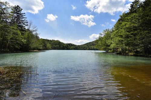 正午の青空に映るオンネトー（雌阿寒岳）の静寂な湖面風景