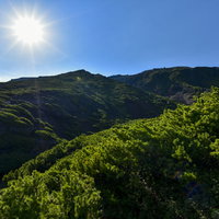 雌阿寒岳中腹から見上げる山頂方面、太陽の光芒が差し込むの写真