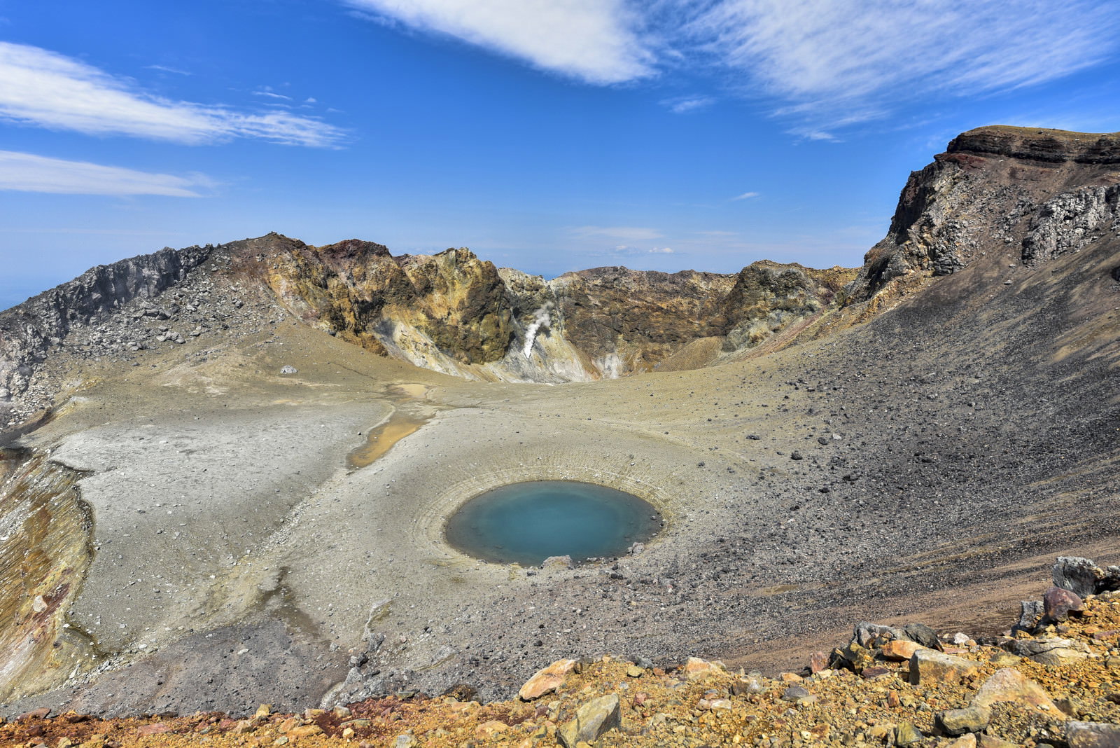 雌阿寒岳の火口中央にある青い火口湖と周囲の荒涼とした岩肌