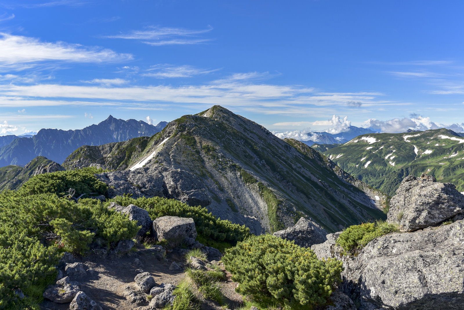ワリモ岳から望む鷲羽岳と水晶岳の山稜風景、青空と緑の山肌
